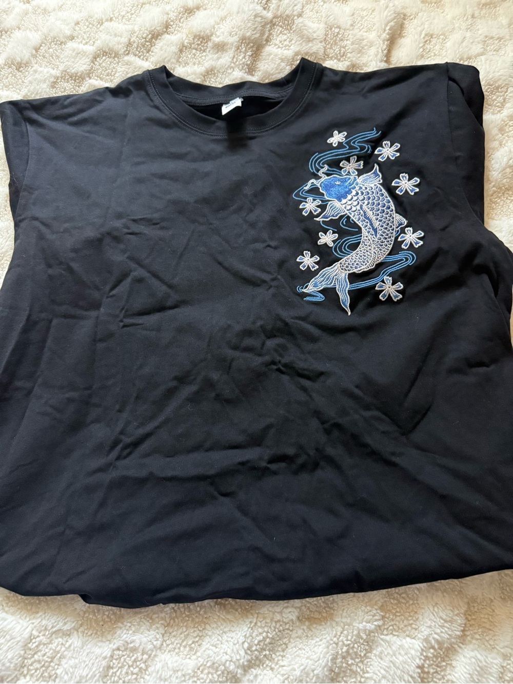 Black Men’s Graphic T-Shirt with Blue Koi Embroidery
